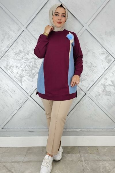KADIN KOMBİNLİ TÜL ÇİÇEK DETAYLI TESETTÜR TUNİK BORDO - 5 BEDEN