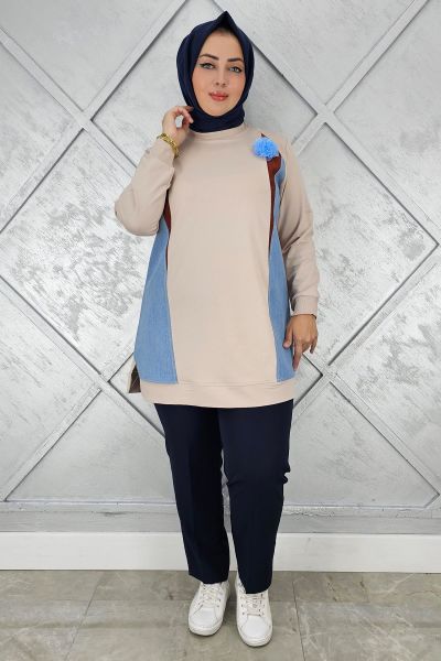 KADIN KOMBİNLİ TÜL ÇİÇEK DETAYLI TESETTÜR TUNİK BEJ - 5 BEDEN