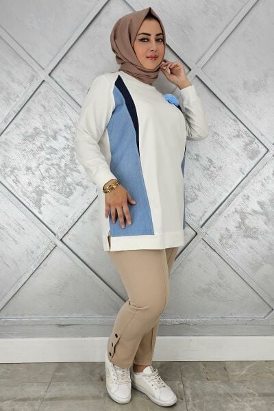 KADIN KOMBİNLİ TÜL ÇİÇEK DETAYLI TESETTÜR TUNİK EKRU - 3 BEDEN