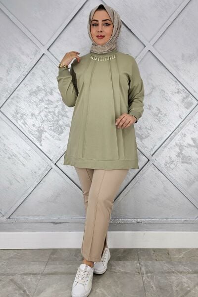 KADIN NERVÜR DİKİM İNCİ KOLYE DETAYLI TESETTÜR TUNİK HAKİ - L