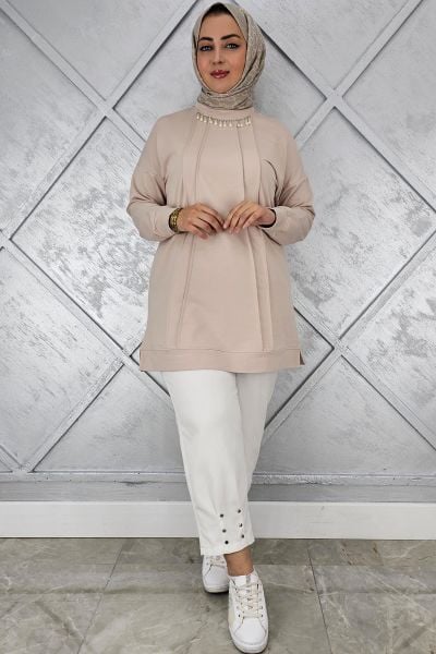 KADIN NERVÜR DİKİM İNCİ KOLYE DETAYLI TESETTÜR TUNİK BEJ - 2XL