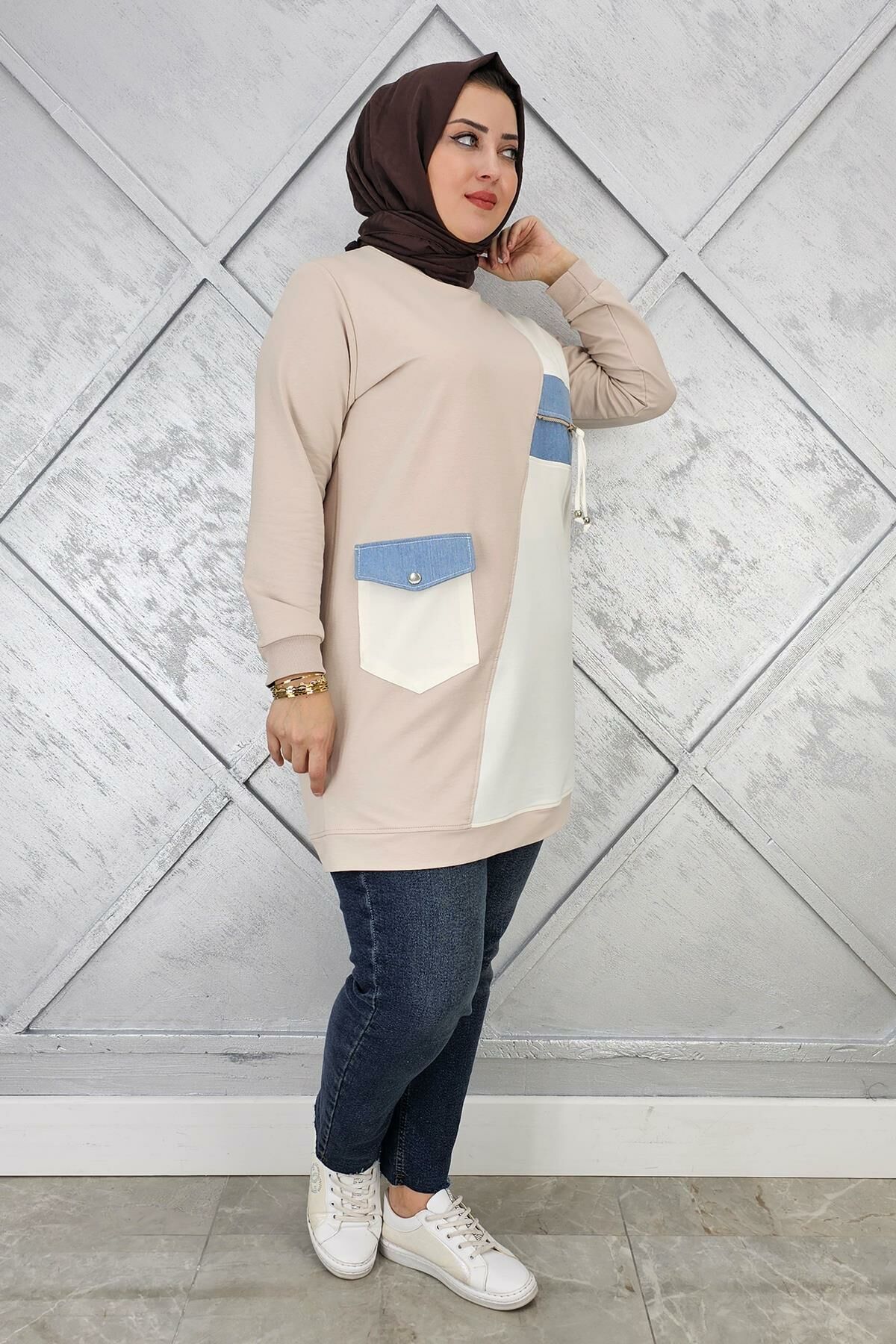 KADIN KOMBİNLİ TAŞ VE FERMUAR DETAYLI TESETTÜR TUNİK BEJ - 2 BEDEN