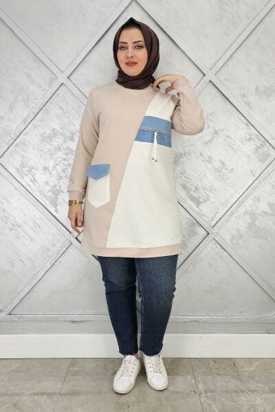 KADIN KOMBİNLİ TAŞ VE FERMUAR DETAYLI TESETTÜR TUNİK BEJ - 2 BEDEN