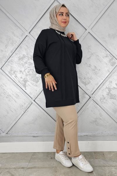 KADIN NERVÜR DİKİM İNCİ KOLYE DETAYLI TESETTÜR TUNİK SİYAH - L