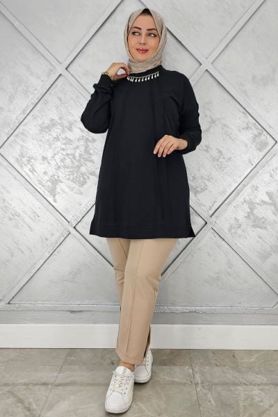 KADIN NERVÜR DİKİM İNCİ KOLYE DETAYLI TESETTÜR TUNİK SİYAH - L