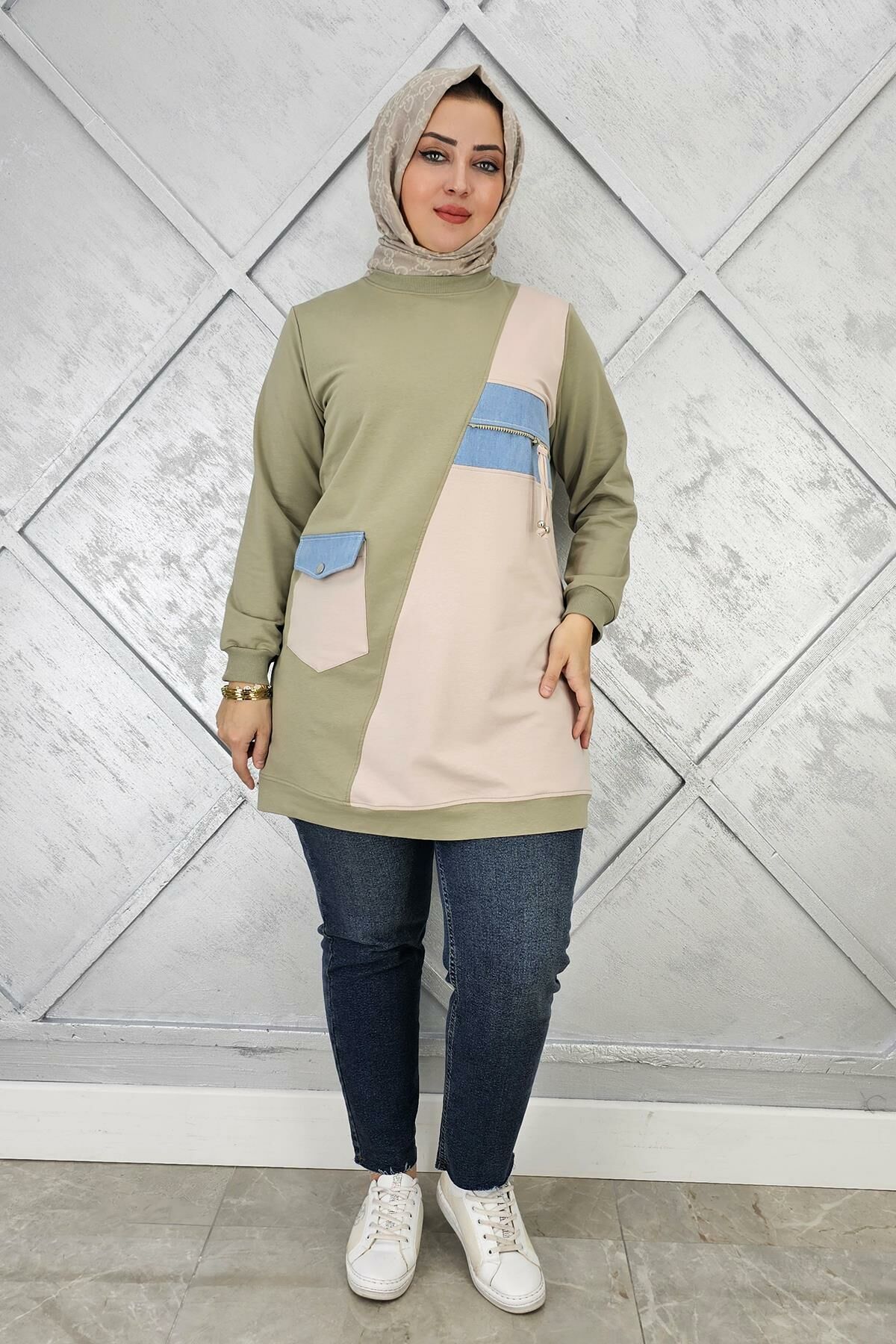 KADIN KOMBİNLİ TAŞ VE FERMUAR DETAYLI TESETTÜR TUNİK HAKİ - 3 BEDEN