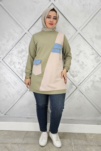 KADIN KOMBİNLİ TAŞ VE FERMUAR DETAYLI TESETTÜR TUNİK HAKİ - 3 BEDEN