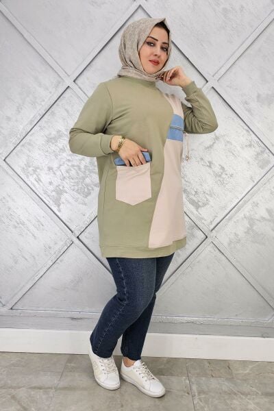 KADIN KOMBİNLİ TAŞ VE FERMUAR DETAYLI TESETTÜR TUNİK HAKİ - 3 BEDEN