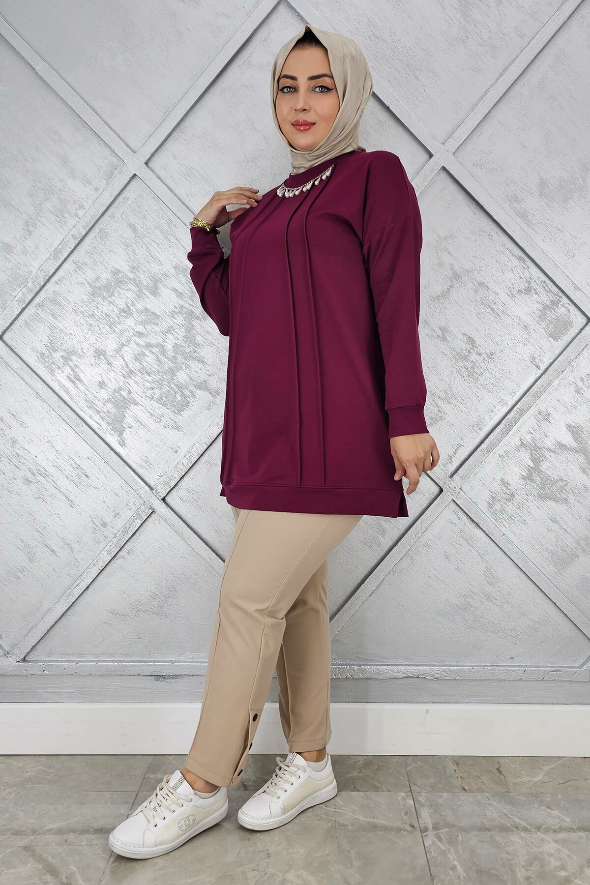 KADIN NERVÜR DİKİM İNCİ KOLYE DETAYLI TESETTÜR TUNİK BORDO - 2XL