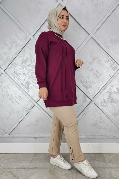 KADIN NERVÜR DİKİM İNCİ KOLYE DETAYLI TESETTÜR TUNİK BORDO - 2XL