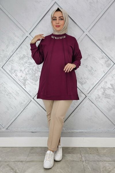 KADIN NERVÜR DİKİM İNCİ KOLYE DETAYLI TESETTÜR TUNİK BORDO - 2XL