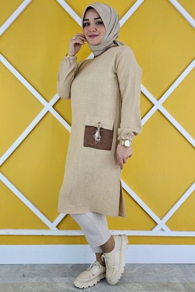 KADIN CEP PÜSKÜL DETAYLI TESETTÜR TUNİK M24200266-080 BEJ - 2XL