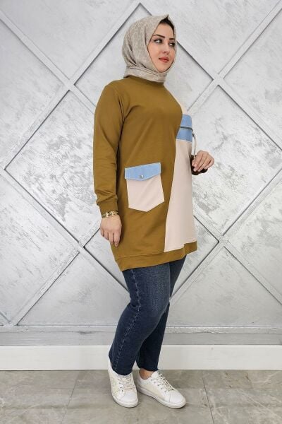 KADIN KOMBİNLİ TAŞ VE FERMUAR DETAYLI TESETTÜR TUNİK YAĞ YEŞİLİ - 4 BEDEN