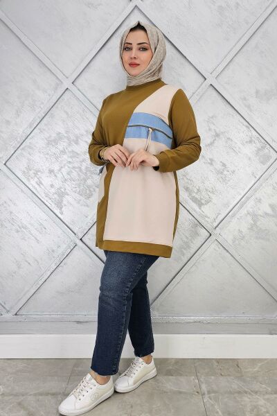 KADIN KOMBİNLİ TAŞ VE FERMUAR DETAYLI TESETTÜR TUNİK YAĞ YEŞİLİ - 4 BEDEN