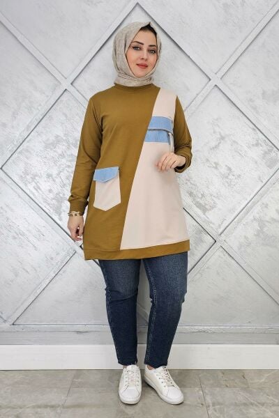 KADIN KOMBİNLİ TAŞ VE FERMUAR DETAYLI TESETTÜR TUNİK YAĞ YEŞİLİ - 4 BEDEN