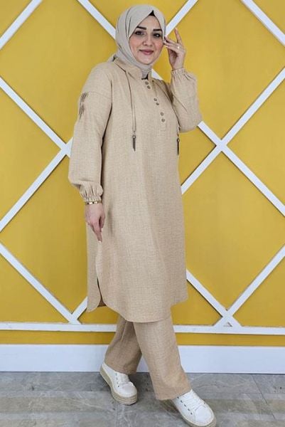 PYS KADIN DÜĞME VE BAĞUCU DETAYLI TESETTÜR TAKIM BEJ - 2 BEDEN