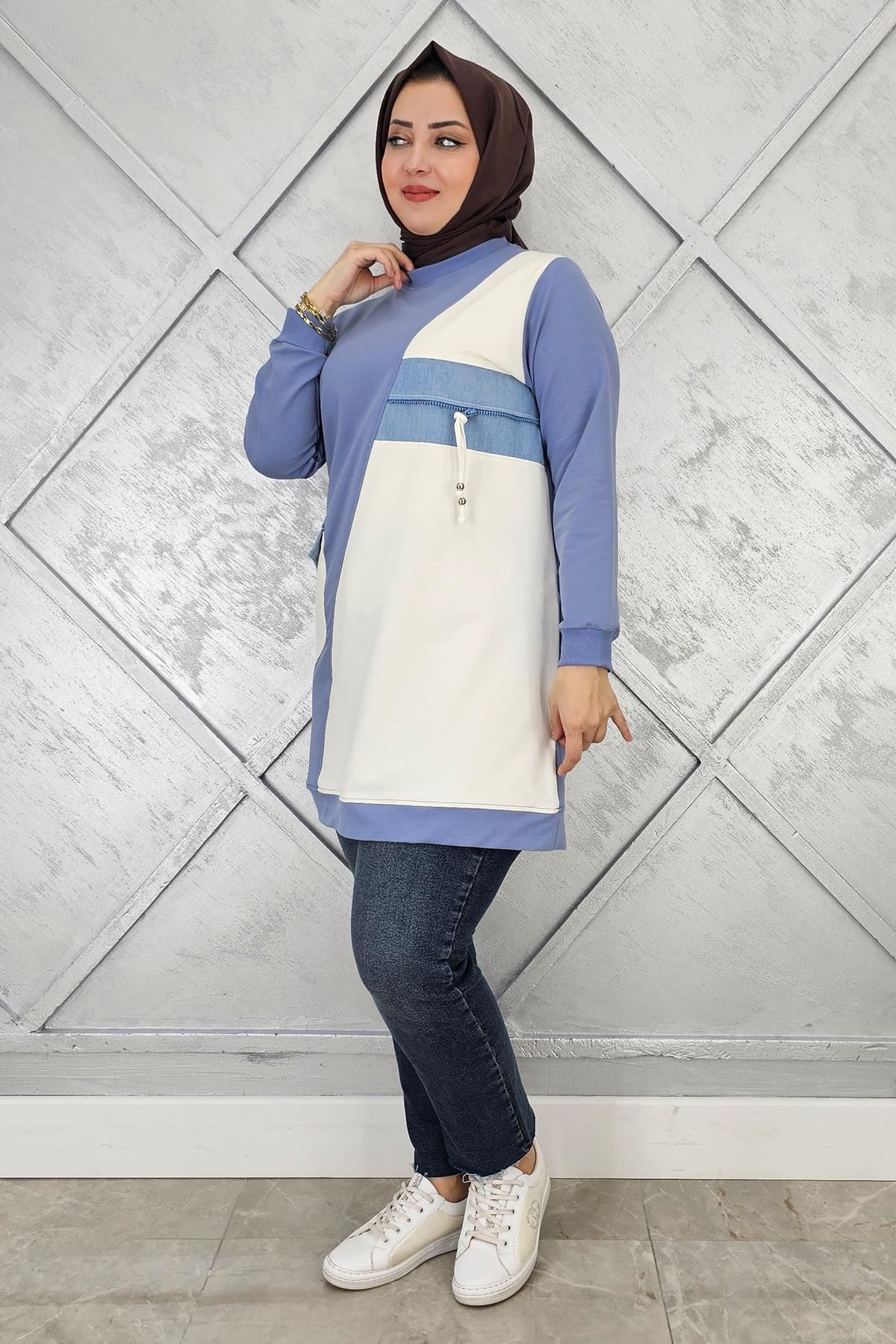 KADIN KOMBİNLİ TAŞ VE FERMUAR DETAYLI TESETTÜR TUNİK MAVİ - 3 BEDEN