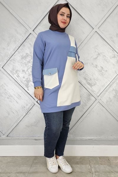 KADIN KOMBİNLİ TAŞ VE FERMUAR DETAYLI TESETTÜR TUNİK MAVİ - 3 BEDEN