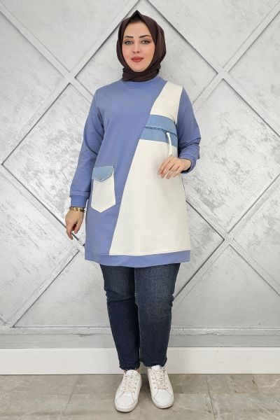 KADIN KOMBİNLİ TAŞ VE FERMUAR DETAYLI TESETTÜR TUNİK MAVİ - 3 BEDEN