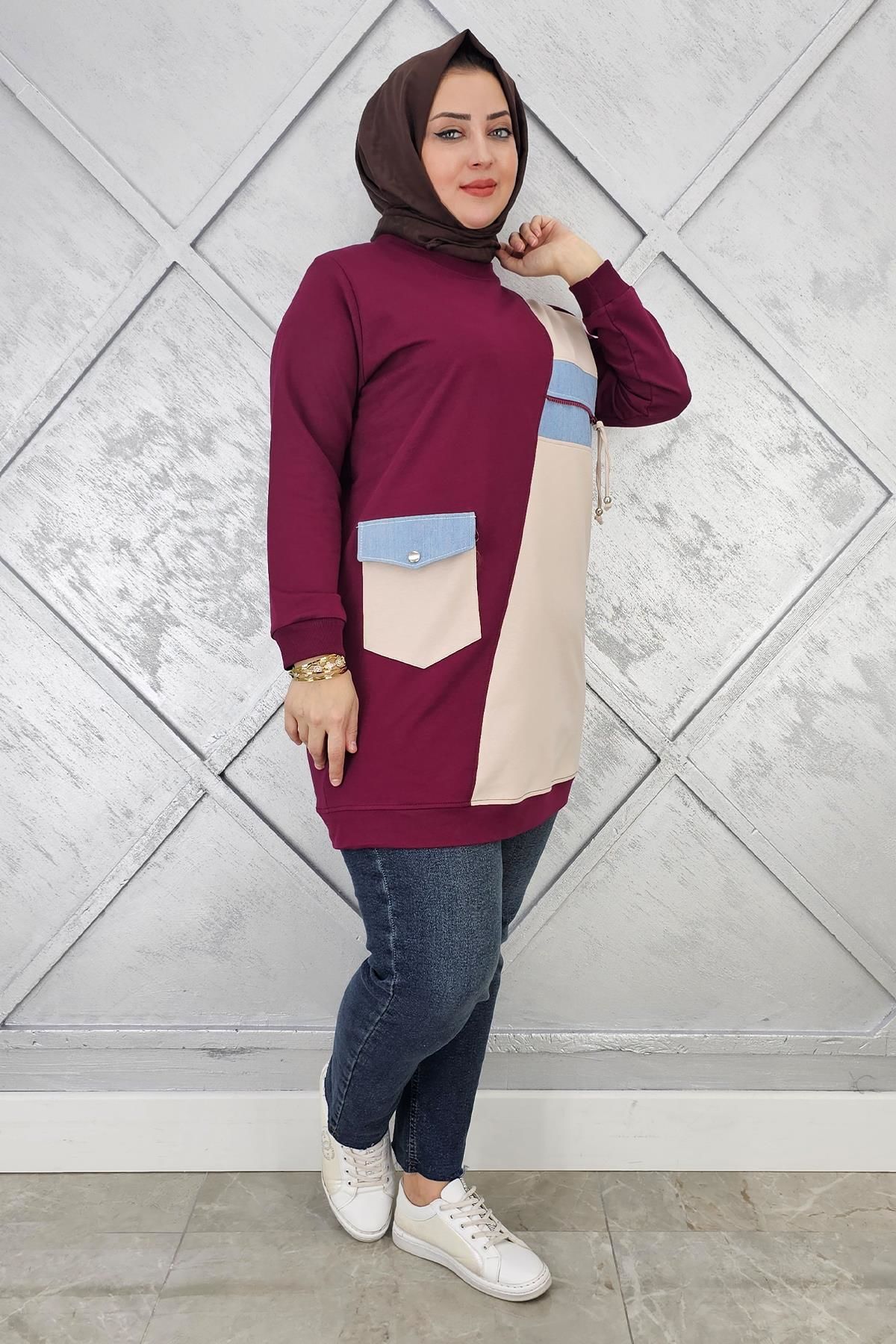 KADIN KOMBİNLİ TAŞ VE FERMUAR DETAYLI TESETTÜR TUNİK BORDO - 5 BEDEN