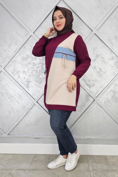 KADIN KOMBİNLİ TAŞ VE FERMUAR DETAYLI TESETTÜR TUNİK BORDO - 5 BEDEN