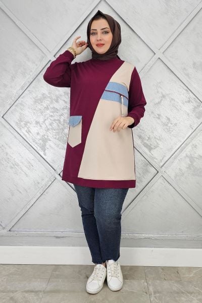 KADIN KOMBİNLİ TAŞ VE FERMUAR DETAYLI TESETTÜR TUNİK BORDO - 5 BEDEN
