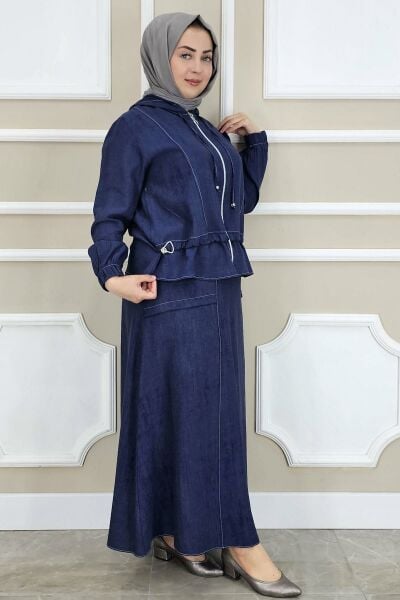 PYS KADIN KAPÜŞONLU ETEKLİ TESETTÜR TAKIM LACİVERT - 5 BEDEN
