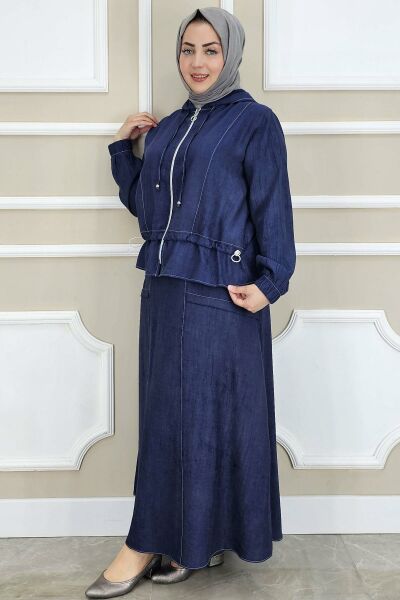 PYS KADIN KAPÜŞONLU ETEKLİ TESETTÜR TAKIM LACİVERT - 5 BEDEN