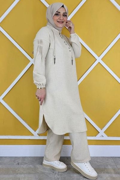 PYS KADIN DÜĞME VE BAĞUCU DETAYLI TESETTÜR TAKIM TAŞ - 2 BEDEN