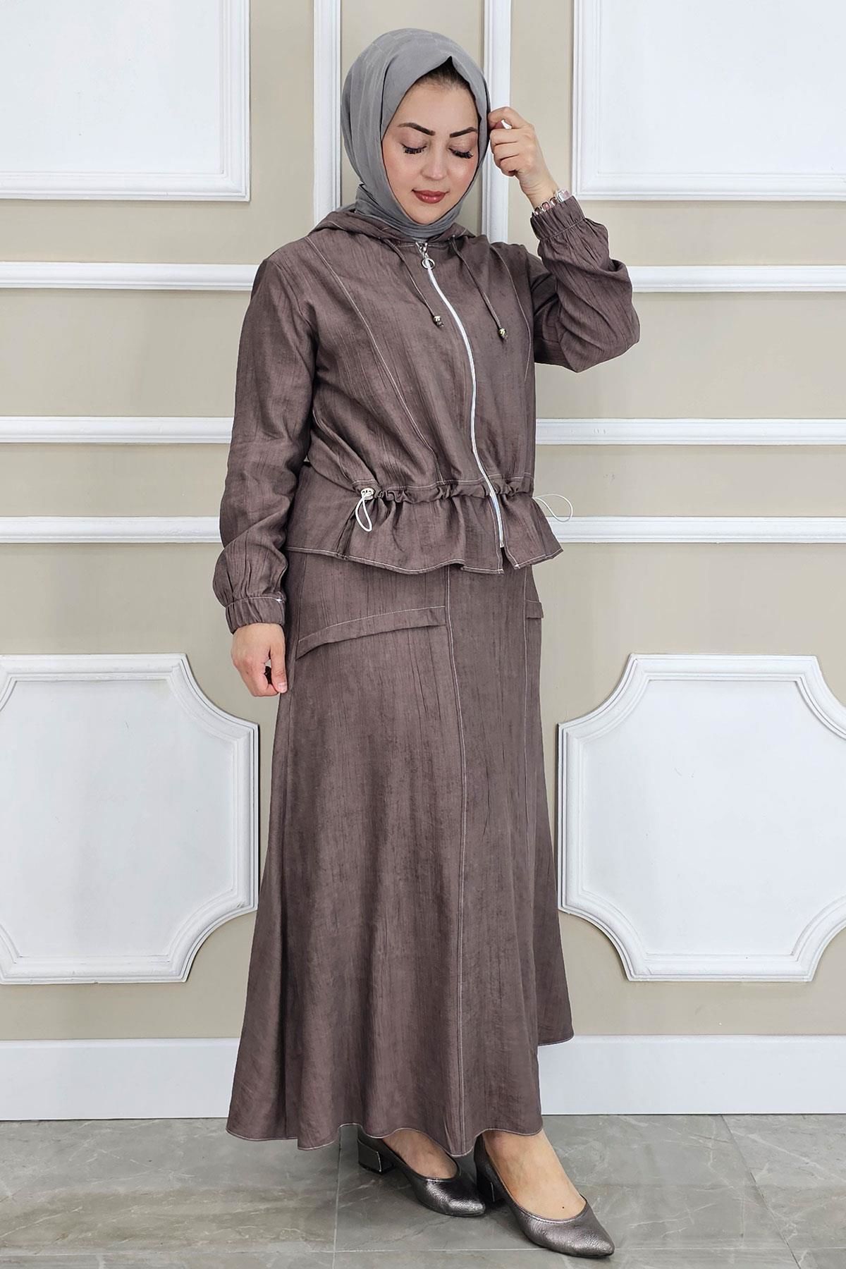 PYS KADIN KAPÜŞONLU ETEKLİ TESETTÜR TAKIM KAHVERENGİ - 5 BEDEN