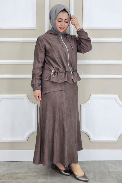 PYS KADIN KAPÜŞONLU ETEKLİ TESETTÜR TAKIM KAHVERENGİ - 5 BEDEN