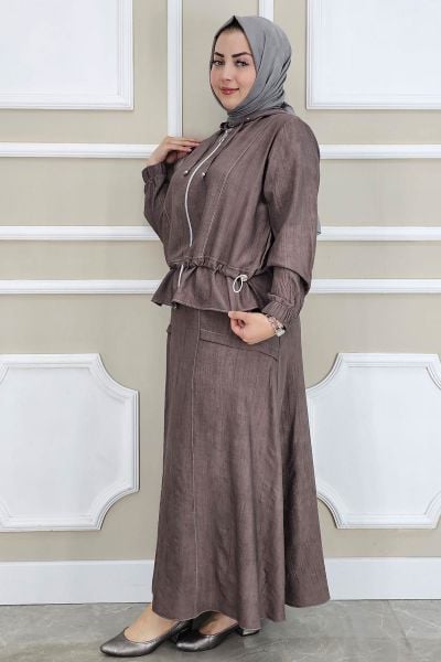 PYS KADIN KAPÜŞONLU ETEKLİ TESETTÜR TAKIM KAHVERENGİ - 5 BEDEN