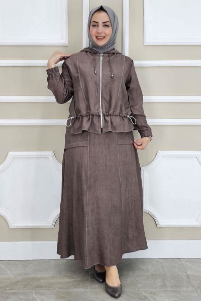 PYS KADIN KAPÜŞONLU ETEKLİ TESETTÜR TAKIM KAHVERENGİ - 5 BEDEN