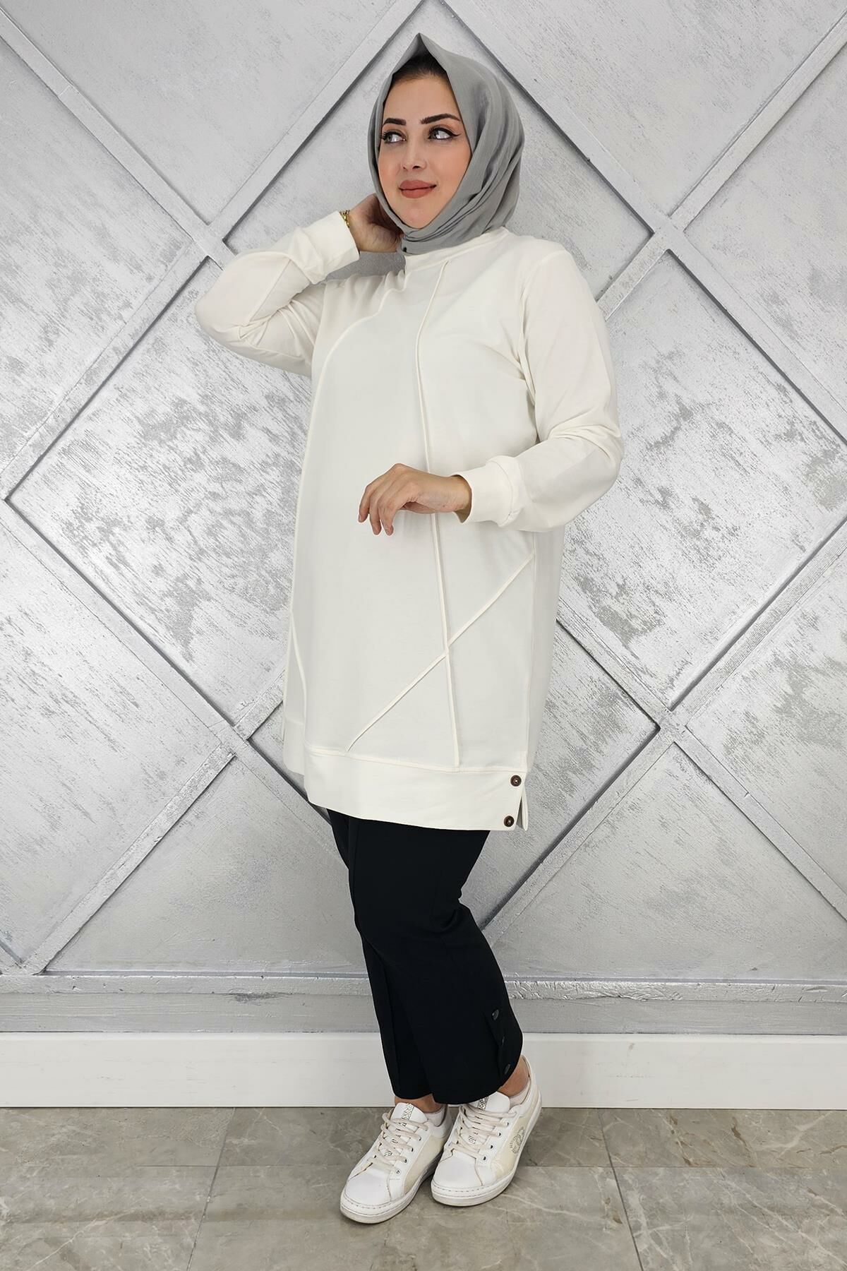 KADIN KOLYE DETAYLI TESETTÜR TUNİK EKRU - XL