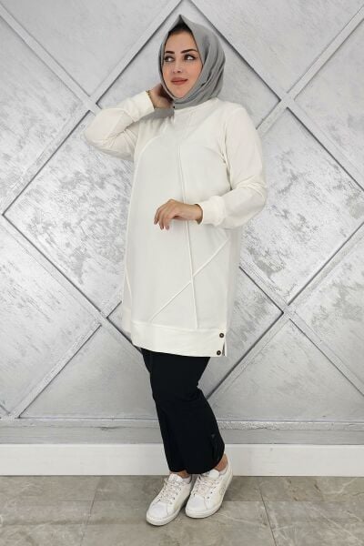 KADIN KOLYE DETAYLI TESETTÜR TUNİK EKRU - XL