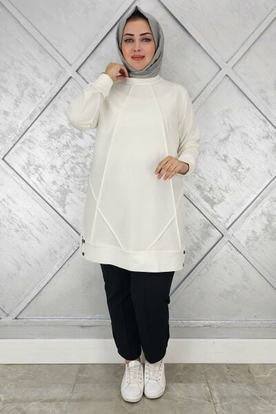 KADIN KOLYE DETAYLI TESETTÜR TUNİK EKRU - XL