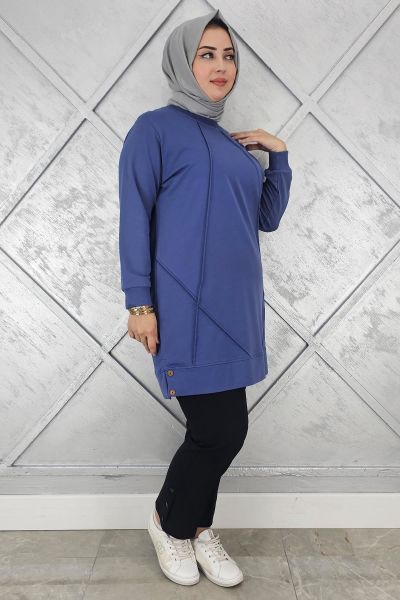 KADIN KOLYE DETAYLI TESETTÜR TUNİK İNDİGO - L