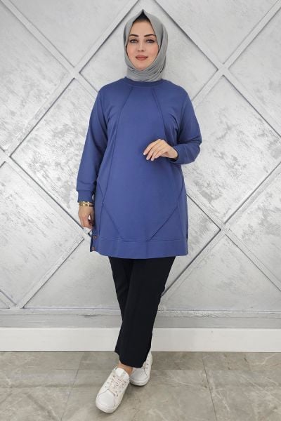 KADIN KOLYE DETAYLI TESETTÜR TUNİK İNDİGO - L