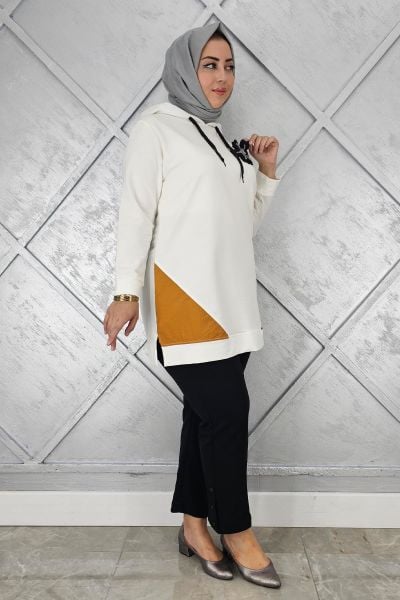 KADIN KOMBİNLİ KAPÜŞONLU TESETTÜR TUNİK EKRU - 5 BEDEN