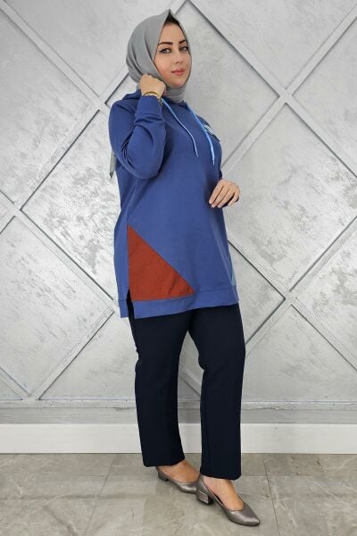 KADIN KOMBİNLİ KAPÜŞONLU TESETTÜR TUNİK İNDİGO - 5 BEDEN