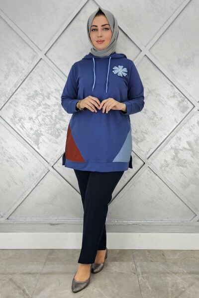 KADIN KOMBİNLİ KAPÜŞONLU TESETTÜR TUNİK İNDİGO - 5 BEDEN