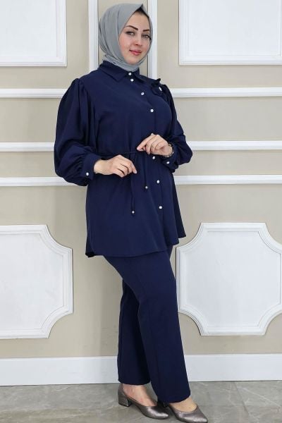 WOMAN FLOWER BROOCH DETAILED HIJAB SUIT NAVY BLUE - SIZE 2