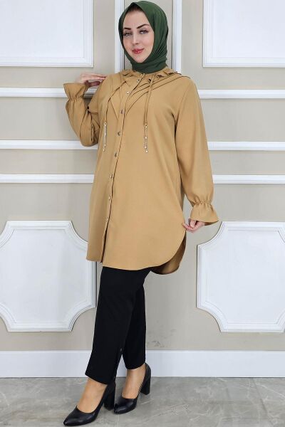 PYS KADIN FIRFIR DETAYLI TESETTÜR GÖMLEK KAHVERENGİ - 2 BEDEN