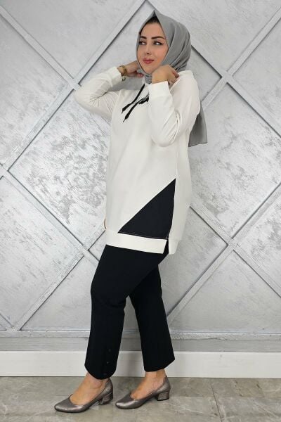 KADIN KOMBİNLİ KAPÜŞONLU TESETTÜR TUNİK EKRU - 2 BEDEN