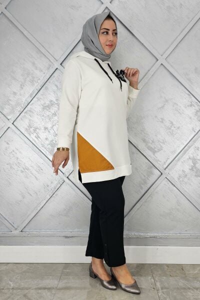 KADIN KOMBİNLİ KAPÜŞONLU TESETTÜR TUNİK EKRU - 2 BEDEN