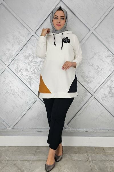 KADIN KOMBİNLİ KAPÜŞONLU TESETTÜR TUNİK EKRU - 2 BEDEN