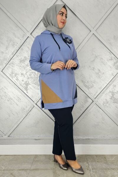 KADIN KOMBİNLİ KAPÜŞONLU TESETTÜR TUNİK MAVİ - 4 BEDEN
