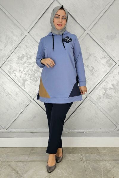 KADIN KOMBİNLİ KAPÜŞONLU TESETTÜR TUNİK MAVİ - 4 BEDEN