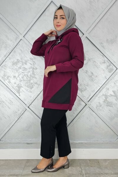 KADIN KOMBİNLİ KAPÜŞONLU TESETTÜR TUNİK BORDO - 5 BEDEN
