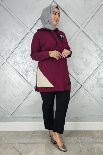 KADIN KOMBİNLİ KAPÜŞONLU TESETTÜR TUNİK BORDO - 5 BEDEN